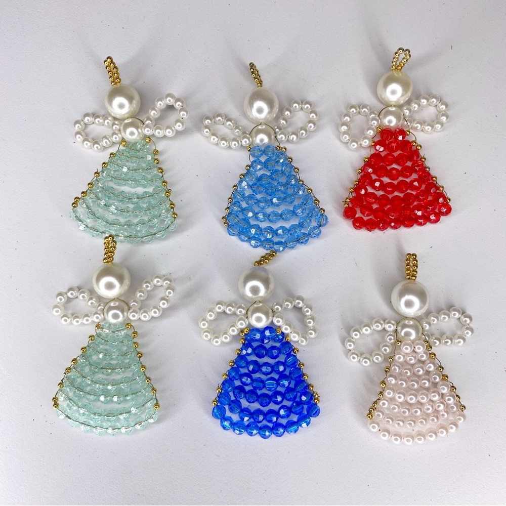 Vintage Lot Of 6 Angels Christmas Ornaments Plastic Beaded Handcrafted